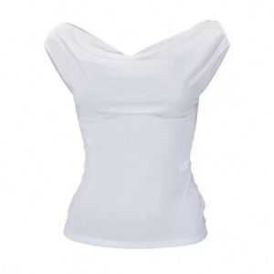 Solid Off Shoulder Ruched Tee Elegant White Women's Top